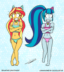 Size: 2480x2796 | Tagged: safe, artist:otakon, sonata dusk, sunset shimmer, equestria girls, g4, my little pony equestria girls: rainbow rocks, bell, belly button, blue underwear, bra, cat bell, cat ears, catgirl, choker, clothes, collar, commission, crop top bra, female, fetish, freezing, freezing fetish, frilly underwear, high res, panties, pink underwear, underwear