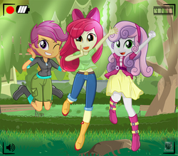Size: 1057x924 | Tagged: safe, artist:charliexe, apple bloom, scootaloo, sweetie belle, equestria girls, g4, adorabloom, arms in the air, belly button, belt, boots, bow, camera shot, child, clothes, cute, cutealoo, cutie mark crusaders, denim, diasweetes, grass, grin, hair bow, hairband, hand, happy, headband, hoodie, jeans, legs, long hair, looking at you, one eye closed, open clothes, open mouth, open smile, outdoors, pants, patreon, patreon logo, preteen, puffy sleeves, shirt, shoes, short hair, shorts, skirt, smiling, teeth, top, tree, wink, wristband, zipper