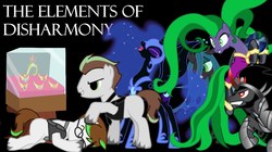 Size: 1280x718 | Tagged: safe, king sombra, mane-iac, nightmare moon, queen chrysalis, oc, oc:cannedcream, changeling, g4, antagonist, elements of harmony, evil, glass, glass case, grin, holding head, laughing, orb, smiling, youtube thumbnail