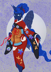 Size: 1024x1449 | Tagged: safe, artist:yoye-wolfgrel, princess luna, anthro, g4, abstract background, alternate hairstyle, clothes, female, full moon, hairband, kimono (clothing), moon, solo
