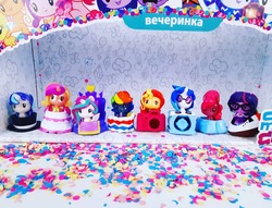 Size: 1080x827 | Tagged: safe, dj pon-3, pinkie pie, princess cadance, princess celestia, rainbow dash, sci-twi, shining armor, sunset shimmer, twilight sparkle, vinyl scratch, equestria girls, g4, confetti, cutie mark crew, cyrillic, doll, mess, my little pony, photo, russian, simple background, toy