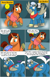 Size: 6288x9626 | Tagged: safe, artist:cactuscowboydan, oc, oc:air brakes, oc:nova reactor, earth pony, pegasus, pony, unicorn, comic:fusing the fusions, comic:the bastion of canterlot, booty inflation, butt, canterlot, canterlot castle, cape, clothes, comic, commissioner:bigonionbean, conductor hat, conjoined, cutie mark fusion, dialogue, fat ass, forced, fuse, fused, fusion, fusion:caboose, fusion:promontory, fusion:sunburst, glasses, goggles, gymnasium, hat, jiggle, magic, male, merge, merging, out of control magic, plot, potion, scarf, shirt, short tail, stallion, swelling, tail wag, talking to themself, the ass was fat, thick, uniform, wonderbolts, wonderbolts uniform, writer:bigonionbean