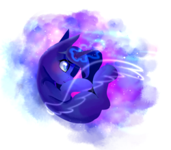 Size: 813x713 | Tagged: safe, artist:dddreamdraw, princess luna, pony, g4, curled up, ethereal mane, ethereal wings, female, glowing horn, horn, lineless, mare, missing cutie mark, princess balluna, profile, solo, wings