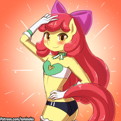 Size: 750x750 | Tagged: safe, artist:lumineko, apple bloom, earth pony, anthro, apple bloomers, g4, adorabloom, adorasexy, ass, bandeau, blushing, bow, butt, clothes, cute, female, gloves, hair bow, hand on hip, looking at you, midriff, sexy, shorts, smiling, solo, sports panties