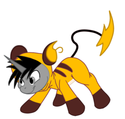 Size: 584x556 | Tagged: safe, artist:ruchiyoto, oc, oc:black cross, pony, raichu, unicorn, clothes, cosplay, costume, edgy, male, pokémon, solo, stallion