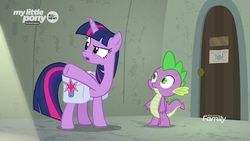 Size: 1920x1080 | Tagged: safe, screencap, spike, twilight sparkle, alicorn, dragon, pony, g4, the point of no return, door, saddle bag, sign, twilight sparkle (alicorn), winged spike, wings, written equestrian