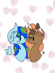 Size: 800x1058 | Tagged: safe, anonymous artist, oc, oc only, oc:earth, oc:spotty lionmane, pegasus, pony, unicorn, bandaid, bandaid on nose, female, half body, heart, horn, leonine tail, lesbian, looking at each other, mare, shipping, signature, smiling, spotearth, spots, spread wings