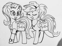 Size: 1280x955 | Tagged: safe, artist:chautung, rainbow dash, starlight glimmer, pony, unicorn, g4, alternate hairstyle, cap, clothes, eyes closed, hat, jewelry, monochrome, necklace, open mouth, saddle bag, traditional art, trotting