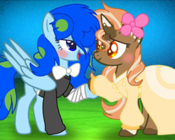 Size: 1000x800 | Tagged: safe, anonymous artist, oc, oc only, oc:earth, oc:spotty lionmane, pegasus, pony, unicorn, alternate hairstyle, bandage, bandaid, blush sticker, blushing, bottomless, bowtie, clothes, colored pupils, dress, female, flower, flower in hair, horn, leonine tail, lesbian, lidded eyes, mare, marriage, open mouth, partial nudity, shipping, signature, smiling, spotearth, spots, stars, tuxedo, two toned mane, two toned tail, wedding, wedding dress