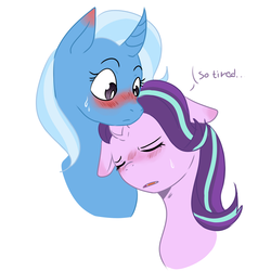 Size: 2000x2000 | Tagged: safe, artist:coociecat, starlight glimmer, trixie, pony, unicorn, g4, blushing, curved horn, eyes closed, female, floppy ears, high res, horn, leaning, lesbian, ship:startrix, shipping, sweat, tired