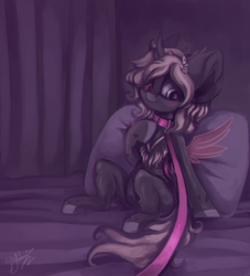 Size: 1361x1500 | Tagged: safe, artist:hagalazka, oc, oc only, changeling, original species, pony, changeling oc, chest fluff, collar, colored hooves, dominant pov, heterochromia, leash, solo