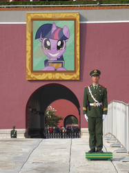 Size: 718x960 | Tagged: safe, edit, twilight sparkle, human, pony, unicorn, g4, the point of no return, beijing, china, guard, irl, irl human, people's republic of china, photo, starry eyes, tiananmen square, wingding eyes