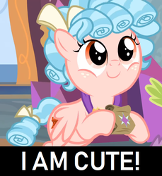 Size: 704x770 | Tagged: safe, edit, edited screencap, screencap, cozy glow, pegasus, pony, g4, school raze, captain obvious, cozybetes, cropped, cute, female, filly, i'm cute, lunch bag, solo