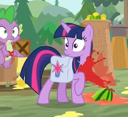Size: 570x522 | Tagged: safe, screencap, spike, twilight sparkle, alicorn, dragon, pony, g4, the point of no return, cropped, fruit, misleading thumbnail, not blood, saddle bag, twilight sparkle (alicorn), winged spike, wings