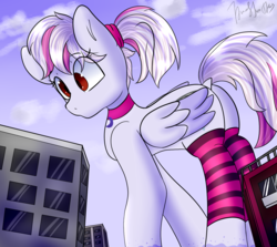 Size: 1322x1181 | Tagged: safe, artist:itwasscatters, oc, oc only, oc:windbreaker, pegasus, pony, building, clothes, cloud, commission, dock, female, giant pony, macro, mare, socks, solo