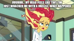 Size: 669x373 | Tagged: safe, edit, edited screencap, screencap, sunset shimmer, equestria girls, g4, my little pony equestria girls: friendship games, the science of magic, clothes, destroy all humans! 2, imgflip, lab coat, meme, messy hair, misspelling, sunset the science gal