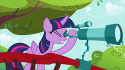 Size: 2100x1180 | Tagged: safe, screencap, twilight sparkle, alicorn, pony, g4, twilight's kingdom, female, golden oaks library, hoof hold, mare, one eye closed, solo, telescope, tree, twilight sparkle (alicorn)