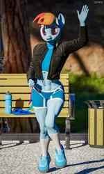 Size: 2400x4000 | Tagged: safe, artist:deneb, rainbow dash, anthro, plantigrade anthro, g4, 3d, abs, blender, breasts, clothes, compression shorts, female, fit, looking at you, midriff, outdoors, park, running, shirt, shoes, shorts, slender, sneakers, solo, thin, toned, training