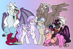 Size: 1280x857 | Tagged: safe, artist:sandwichbuns, oc, oc only, oc:ink letter, oc:iridescent bloom, oc:virtuous jazz, dracony, hybrid, pegasus, pony, unicorn, female, magical lesbian spawn, mare, offspring, parent:derpy hooves, parent:doctor whooves, parent:fluttershy, parent:octavia melody, parent:twilight sparkle, parent:vinyl scratch, parents:doctorderpy, parents:scratchtavia, parents:twishy