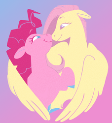Size: 832x918 | Tagged: safe, artist:saturniade, fluttershy, pinkie pie, earth pony, pegasus, pony, g4, boop, bust, colored hooves, eye contact, female, floppy ears, gradient background, hug, lesbian, lineless, looking at each other, mare, noseboop, ship:flutterpie, shipping, smiling, winghug, wings
