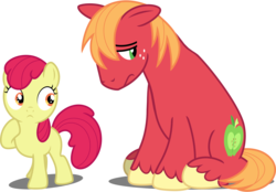 Size: 9612x6685 | Tagged: safe, artist:estories, edit, editor:slayerbvc, vector edit, apple bloom, big macintosh, earth pony, pony, g4, absurd resolution, accessory-less edit, brother and sister, cute, depressed, duo, female, filly, hoof on chest, looking back, macabetes, male, missing accessory, raised hoof, sad, sadorable, simple background, sitting, stallion, transparent background, vector