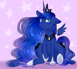 Size: 5000x4500 | Tagged: safe, artist:mojmojsanna, princess luna, alicorn, pony, g4, :<, crown, cute, ethereal mane, female, floating wings, floppy ears, hoof shoes, jewelry, lunabetes, mare, neck fluff, regalia, sitting, solo, starry mane, stars, wings