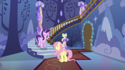 Size: 2100x1177 | Tagged: safe, screencap, fluttershy, starlight glimmer, pegasus, pony, unicorn, every little thing she does, g4, season 6, brainwashed, door, duo, female, fiducia compellia, hypnosis, hypnotized, mare, mind control, railing, stairs, twilight's castle