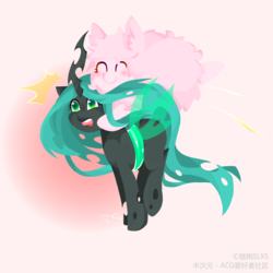 Size: 3000x3000 | Tagged: safe, artist:猞猁slxs, queen chrysalis, oc, oc:fluffle puff, changeling, pony, g4, crown, duo, eyes closed, female, high res, jewelry, mare, regalia