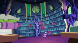 Size: 2100x1178 | Tagged: safe, screencap, twilight sparkle, alicorn, pony, fame and misfortune, g4, banner, book, crystal, female, library, magic, magic aura, mare, solo, telekinesis, twilight sparkle (alicorn), twilight's castle, twilight's castle library