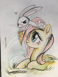 Size: 1536x2048 | Tagged: safe, artist:sararichard, angel bunny, fluttershy, pegasus, pony, rabbit, g4, duo, female, food, mare, meat, pepperoni, pepperoni pizza, pizza, traditional art