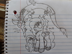 Size: 2576x1932 | Tagged: safe, artist:drheartdoodles, discord, fluttershy, oc, oc:dr.heart, clydesdale, draconequus, pegasus, pony, g4, angry, chest fluff, concerned, flying, lined paper, long mane, size difference, traditional art