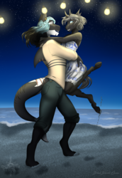 Size: 2550x3710 | Tagged: safe, artist:blackblood-queen, oc, oc only, oc:imago, oc:mako, anthro, digitigrade anthro, unguligrade anthro, anthro oc, beach, clothes, couple, cricketfish, dress, duo, female, high res, looking at each other, male, night, oc x oc, scar, shipping, shirt, smiling, story in the source, straight
