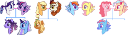 Size: 1280x354 | Tagged: safe, artist:atlantropa, applejack, autumn blaze, fluttershy, pinkie pie, princess skystar, rainbow dash, rarity, twilight sparkle, oc, alicorn, earth pony, hybrid, kirin, pegasus, pony, g4, :>, alternate hairstyle, autumnjack, bust, cute, eye contact, family, family tree, female, freckles, interspecies offspring, kirin pony hybrid, lesbian, looking at each other, magical lesbian spawn, male, mare, ocbetes, offspring, open mouth, parent:applejack, parent:autumn blaze, parent:pinkie pie, parent:princess skystar, parent:rarity, parent:twilight sparkle, parents:autumnjack, parents:rarilight, parents:skypie, profile, ship:flutterdash, ship:rarilight, ship:skypie, shipping, simple background, smiling, smirk, spread wings, transparent background, twilight sparkle (alicorn), wavy mouth, wings
