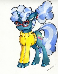 Size: 2191x2809 | Tagged: safe, artist:luxiwind, bellflower blurb, pony, unicorn, the point of no return, clothes, cloven hooves, female, glasses, high res, mare, solo, sweater, traditional art