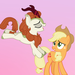 Size: 400x400 | Tagged: safe, applejack, autumn blaze, earth pony, kirin, pony, g4, applejack's hat, autumnjack, cloven hooves, colored hooves, cowboy hat, duo, eyes closed, female, freckles, hat, leaping, lesbian, mare, pink background, shipping, simple background