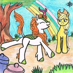 Size: 1016x1012 | Tagged: safe, artist:assertiveshypony, applejack, autumn blaze, earth pony, pony, g4, sounds of silence, butt, colored hooves, colored pencil drawing, duo, female, mare, plot, rainbow, traditional art, unshorn fetlocks