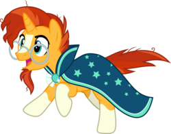 Size: 7641x6000 | Tagged: safe, artist:chainchomp2, sunburst, pony, unicorn, g4, the crystalling, .svg available, absurd resolution, blaze (coat marking), cape, clothes, coat markings, excited, facial hair, facial markings, galloping, glasses, goatee, male, running, simple background, socks (coat markings), solo, stallion, transparent background, vector