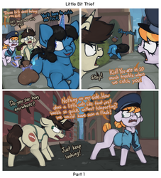 Size: 2004x2203 | Tagged: safe, artist:marsminer, copper top, oc, oc:azure shine, oc:keith, earth pony, pony, unicorn, g4, alley, coin, coin purse, comic, female, high res, male, mare, police, stallion, stealing, thief