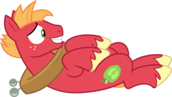 Size: 1600x911 | Tagged: safe, artist:chainchomp2, big macintosh, earth pony, pony, g4, where the apple lies, .svg available, horse collar, male, on back, palindrome get, sheepish grin, simple background, solo, stallion, transparent background, unshorn fetlocks, vector, younger