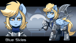 Size: 3840x2160 | Tagged: safe, artist:ciderpunk, oc, oc only, oc:blue skies, pegasus, pony, armor, axe, battle axe, cutie mark, freckles, high res, looking at you, male, solo, weapon
