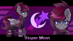 Size: 3840x2160 | Tagged: dead source, safe, artist:ciderpunk, oc, oc:vesper moon, bat pony, pony, bat pony oc, chromatic aberration, cutie mark background, cyberpunk, high res