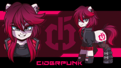 Size: 3840x2160 | Tagged: safe, artist:ciderpunk, oc, oc:ciderpunk, pony, boots, clothes, cutie mark background, cyberpunk, dreamworks face, ear piercing, earring, eyeshadow, gloves, high res, jacket, jewelry, looking at you, makeup, piercing, shoes