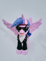 Size: 768x1024 | Tagged: safe, artist:nekokevin, twilight sparkle, alicorn, pony, g4, clothes, female, irl, jacket, looking at you, mare, open mouth, photo, plushie, simple background, smiling, solo, spread wings, sunglasses, twilight sparkle (alicorn), white background, wings