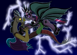Size: 3496x2504 | Tagged: safe, artist:heartshielder1991, discord, twilight sparkle, oc, oc:plunderseed queen, alicorn, pony, g4, angry, black vine, corrupted, corrupted twilight sparkle, fight, gritted teeth, high res, lightning, slit pupils, twilight sparkle (alicorn)