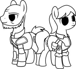 Size: 2191x2000 | Tagged: safe, artist:brisineo, oc, oc:fair trade, pony, fallout equestria, fallout equestria: red 36, duo, fanfic art, high res, simple background, transparent background, vector