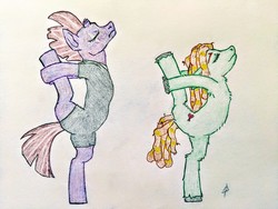 Size: 4032x3024 | Tagged: safe, artist:docard, fizzlepop berrytwist, tempest shadow, tree hugger, earth pony, pony, unicorn, g4, broken horn, female, horn, mare, pencil drawing, traditional art, yoga