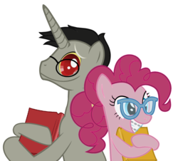 Size: 1724x1556 | Tagged: safe, artist:nathaniel hansen, artist:zacatron94, part of a set, discord, pinkie pie, pony, g4, alternate hairstyle, book, braces, dork, female, glasses, grin, male, mare, nerd pony, ponified, ponytail, ship:discopie, shipping, simple background, smiling, stallion, straight, vector