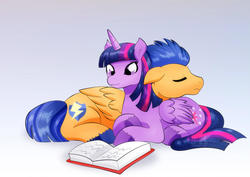 Size: 1600x1132 | Tagged: safe, artist:jotakaanimation, flash sentry, twilight sparkle, alicorn, pegasus, pony, g4, book, butt pillow, couple, female, male, nap, reading, romantic, ship:flashlight, shipping, sleeping, straight, twilight sparkle (alicorn)