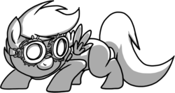 Size: 878x472 | Tagged: safe, artist:fimflamfilosophy, oc, oc only, pegasus, pony, buck legacy, assassin, black and white, card art, goggles, grayscale, male, monochrome, night vision goggles, not scootaloo, simple background, solo, stealth suit, steampunk, transparent background