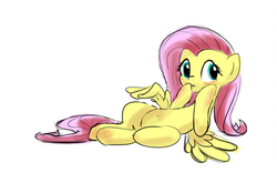 Size: 600x375 | Tagged: safe, artist:fipoki, fluttershy, pegasus, pony, g4, belly, belly button, covering mouth, female, leaning, leaning back, looking sideways, mare, simple background, solo, spread wings, white background, wings